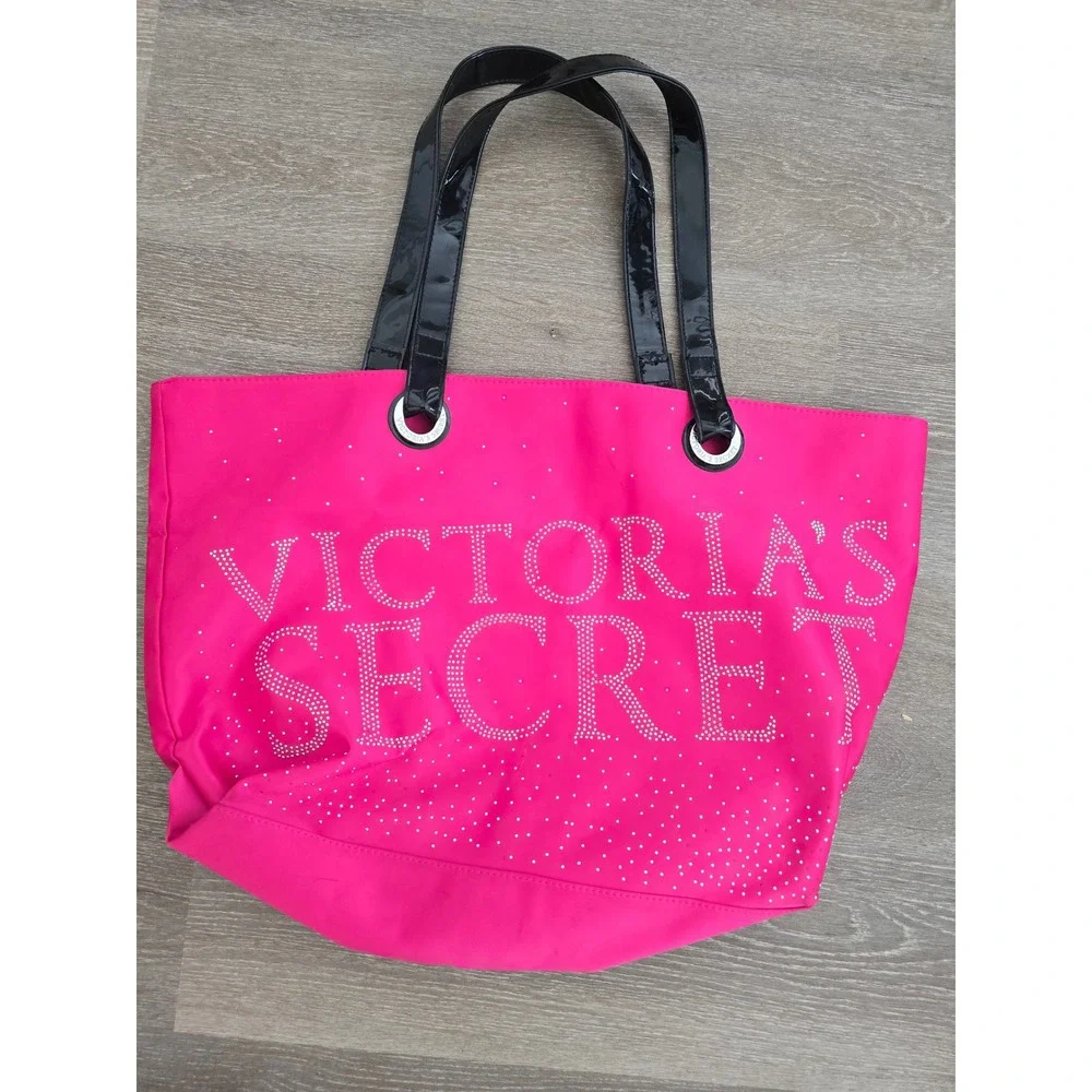 Victorias Secret Hot Pink Rhinestone Logo Tote Bag Black Patent Handles Large